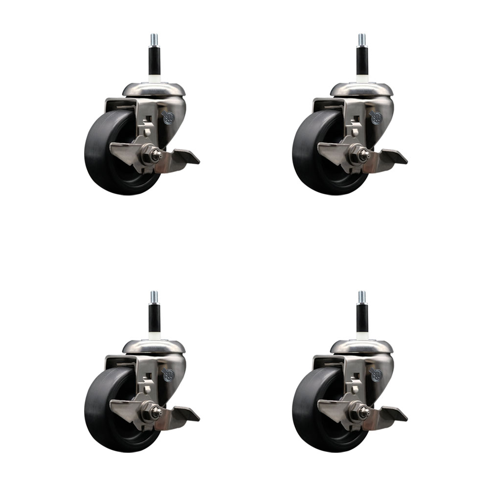 Polyolefin Swivel Stem Caster Wheels Set of 4 with 3 Inch Black Wheels - 7/8" Expanding Stems - 316 Stainless Steel Casters - Includes 4 Swivel Casters with Top Lock Brakes - Service Caster Brand — photo 1