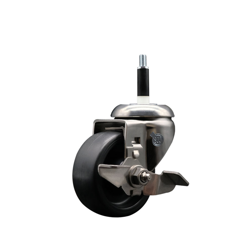 Polyolefin Swivel Stem Caster Wheel with 3 Inch Black Wheel and Top Lock Brake - 7/8" Expanding Stem - 316 Stainless Steel Caster - 300 lbs. Capacity Per Caster - Service Caster Brand — photo 1