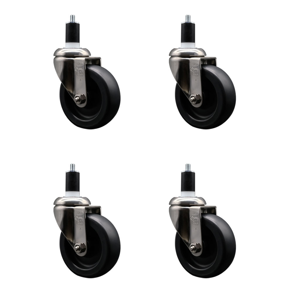 Polyolefin Swivel Stem Caster Wheels Set of 4 with 4 Inch Black Wheels - 1-1/2" Expanding Stems - 316 Stainless Steel Casters - Includes 4 Swivel Casters - Service Caster Brand — photo 1
