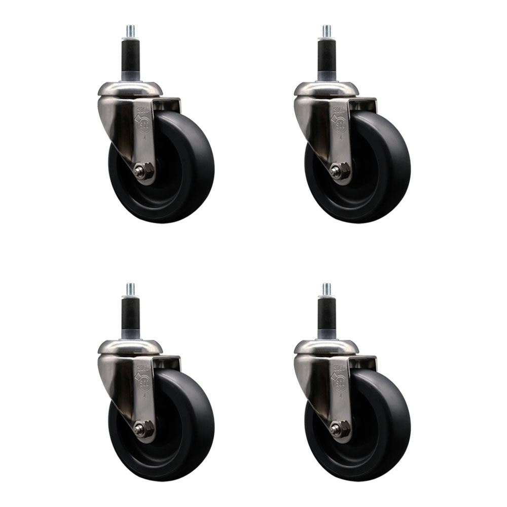 Polyolefin Swivel Stem Caster Wheels Set of 4 with 4 Inch Black Wheels - 1-1/8" Expanding Stems - 316 Stainless Steel Casters - Includes 4 Swivel Casters - Service Caster Brand — photo 1