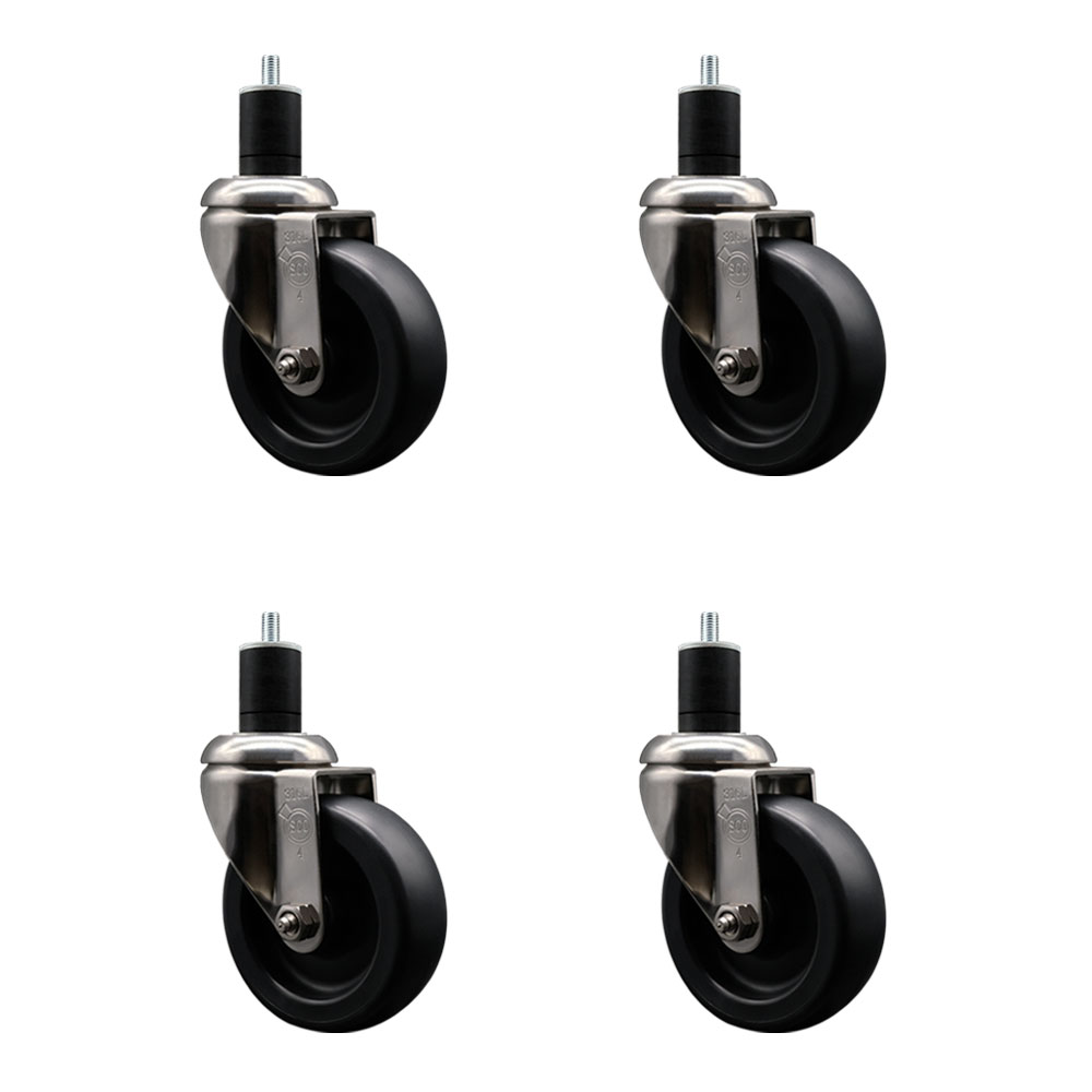 Polyolefin Swivel Stem Caster Wheels Set of 4 with 4 Inch Black Wheels - 1-3/4" Expanding Stems - 316 Stainless Steel Casters - Includes 4 Swivel Casters - Service Caster Brand — photo 1