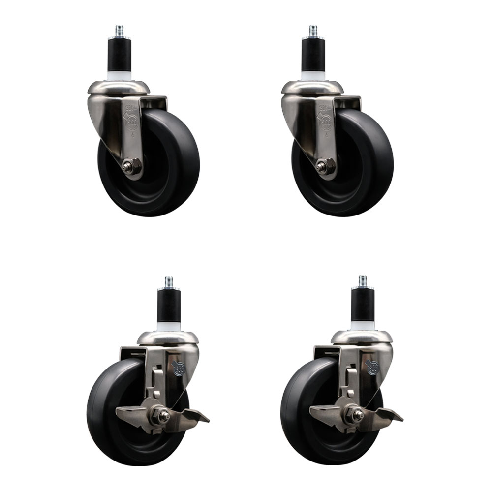 Polyolefin Swivel Stem Caster Wheels Set of 4 with 4 Inch Black Wheels - 1-1/2" Expanding Stems - 316 Stainless Steel Casters-Includes 2 Swivel with Top Lock Brakes and 2 Swivel - Service Caster Brand — photo 1