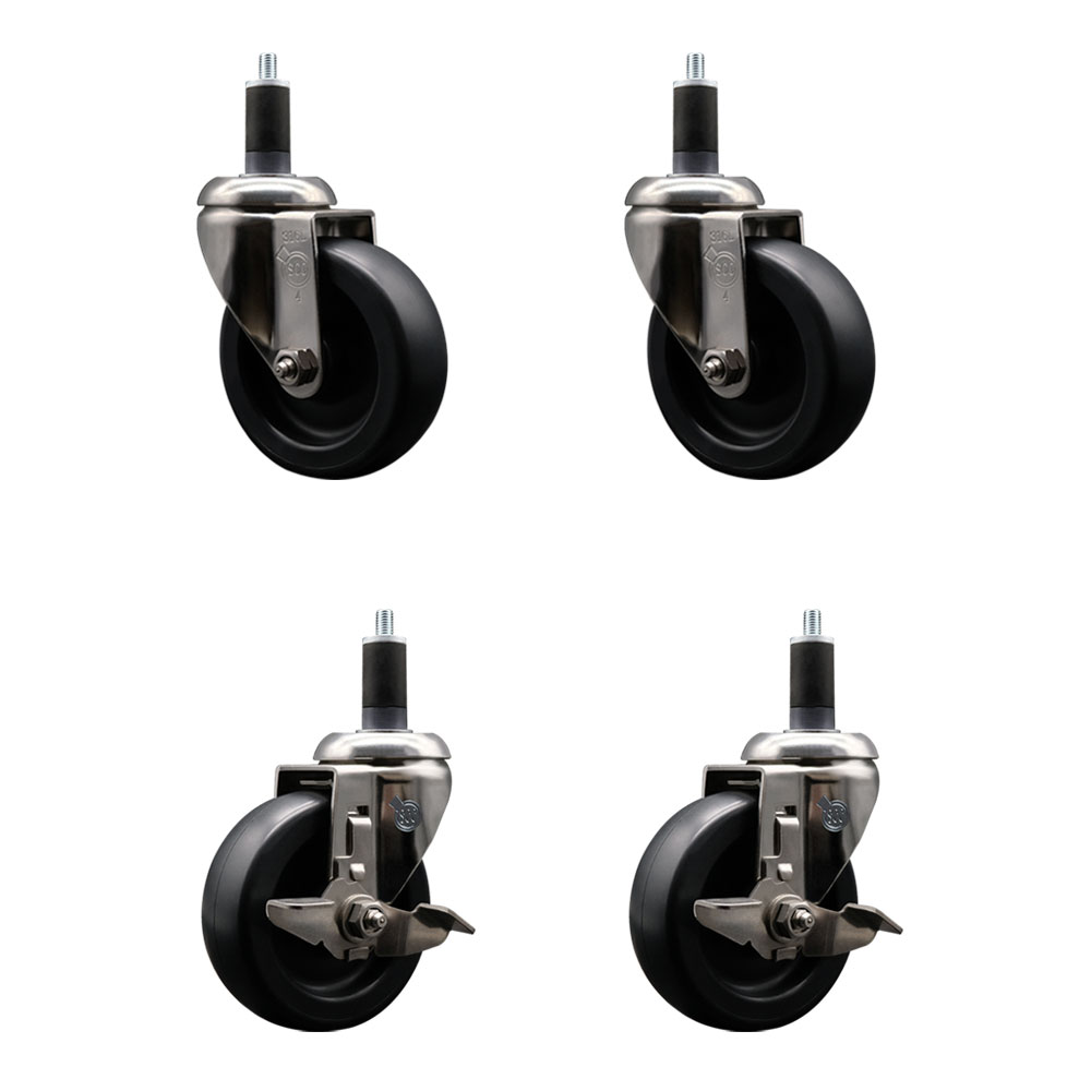 Polyolefin Swivel Stem Caster Wheels Set of 4 with 4 Inch Black Wheels - 1-1/4" Expanding Stems - 316 Stainless Steel Casters-Includes 2 Swivel with Top Lock Brakes and 2 Swivel - Service Caster Brand — photo 1