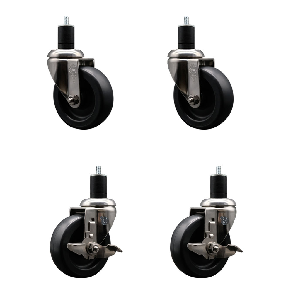 Polyolefin Swivel Stem Caster Wheels Set of 4 with 4 Inch Black Wheels - 1-3/4" Expanding Stems - 316 Stainless Steel Casters-Includes 2 Swivel with Top Lock Brakes and 2 Swivel - Service Caster Brand — photo 1