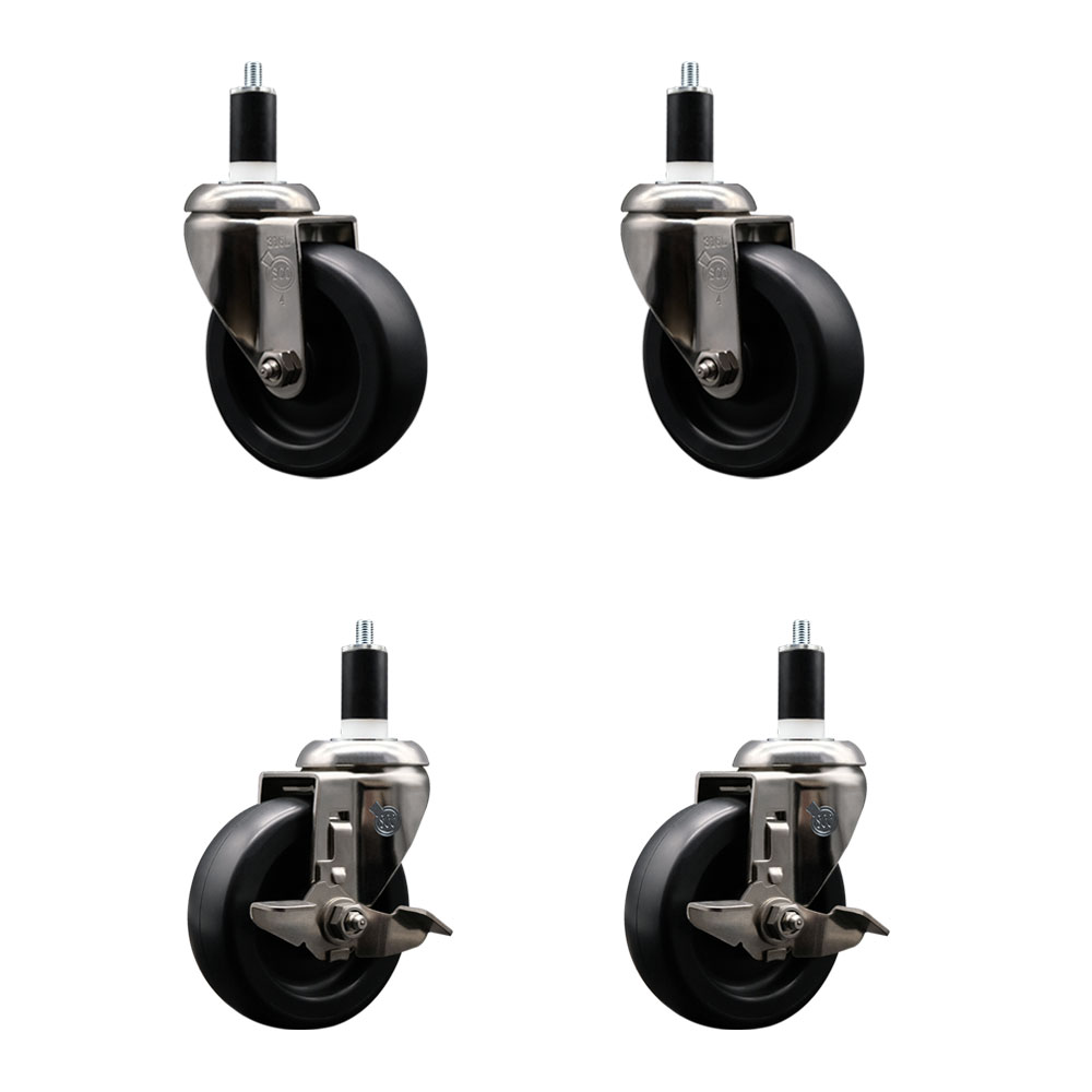 Polyolefin Swivel Stem Caster Wheels Set of 4 with 4 Inch Black Wheels - 1-3/8" Expanding Stems - 316 Stainless Steel Casters-Includes 2 Swivel with Top Lock Brakes and 2 Swivel - Service Caster Brand — photo 1