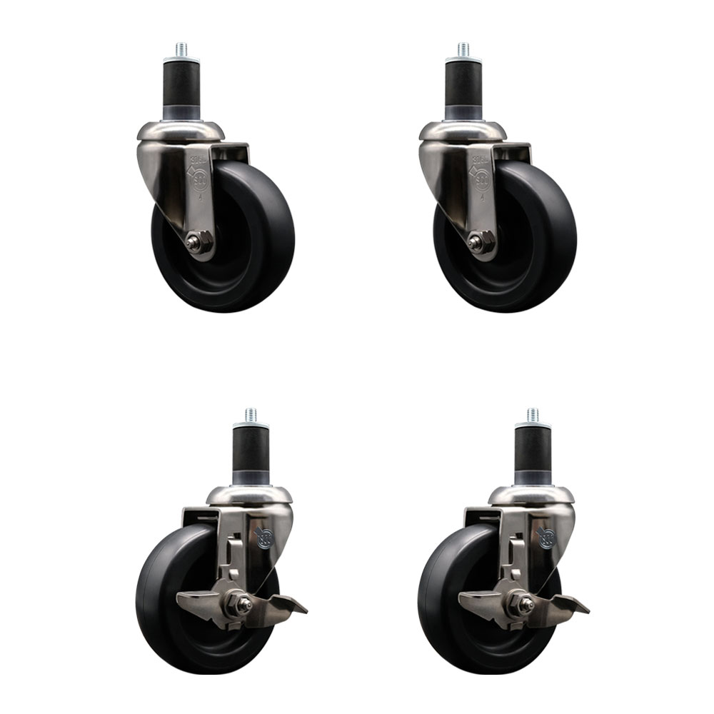 Polyolefin Swivel Stem Caster Wheels Set of 4 with 4 Inch Black Wheels - 1-5/8" Expanding Stems - 316 Stainless Steel Casters-Includes 2 Swivel with Top Lock Brakes and 2 Swivel - Service Caster Brand — photo 1