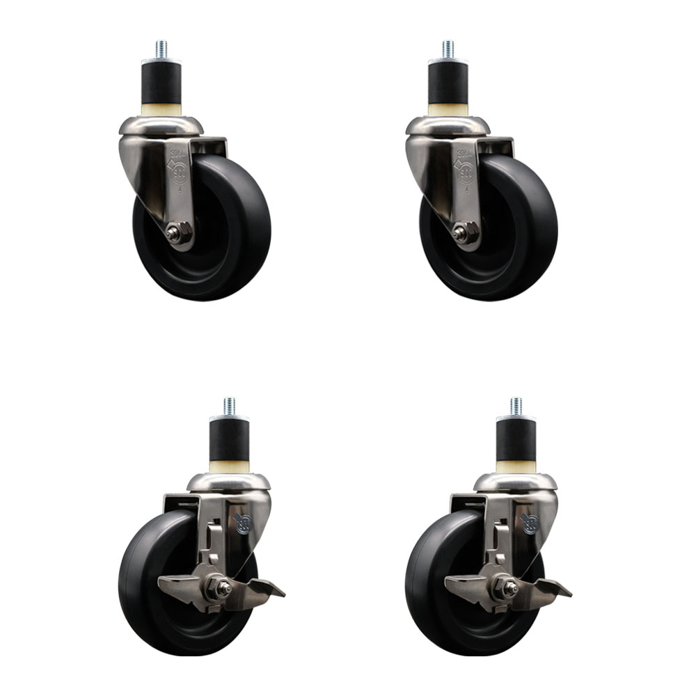 Polyolefin Swivel Stem Caster Wheels Set of 4 with 4 Inch Black Wheels - 1-7/8" Expanding Stems - 316 Stainless Steel Casters-Includes 2 Swivel with Top Lock Brakes and 2 Swivel - Service Caster Brand — photo 1