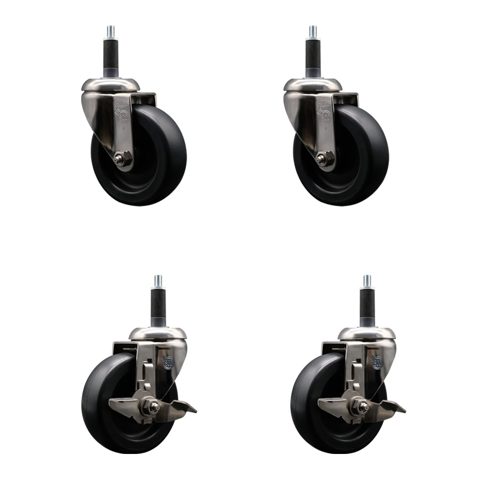Polyolefin Swivel Stem Caster Wheels Set of 4 with 4 Inch Black Wheels - 1" Expanding Stems - 316 Stainless Steel Casters-Includes 2 Swivel with Top Lock Brakes and 2 Swivel - Service Caster Brand — photo 1