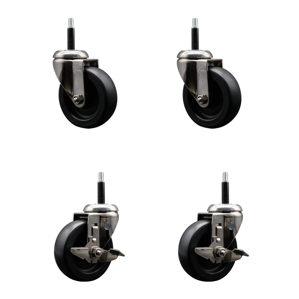 Polyolefin Swivel Stem Caster Wheels Set of 4 with 4 Inch Black Wheels - 3/4" Expanding Stems - 316 Stainless Steel Casters-Includes 2 Swivel with Top Lock Brakes and 2 Swivel - Service Caster Brand — photo 1