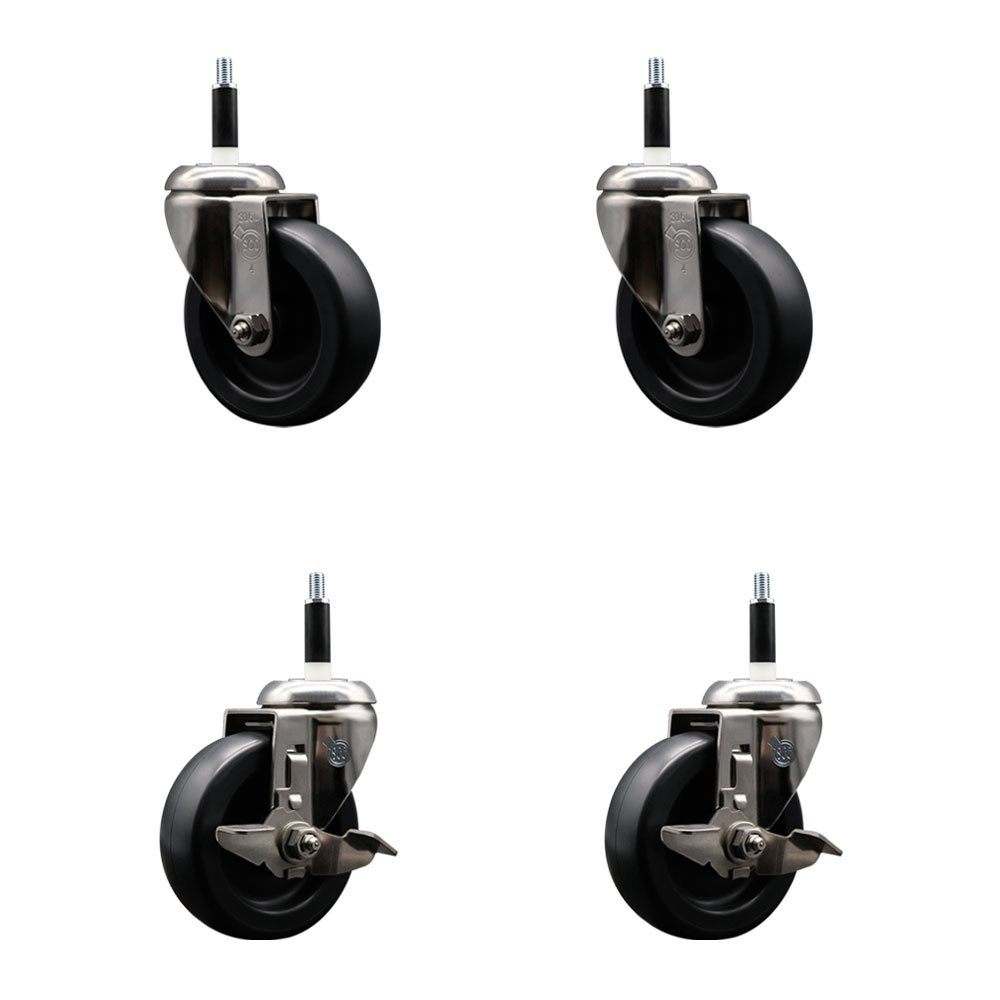 Polyolefin Swivel Stem Caster Wheels Set of 4 with 4 Inch Black Wheels - 7/8" Expanding Stems - 316 Stainless Steel Casters-Includes 2 Swivel with Top Lock Brakes and 2 Swivel - Service Caster Brand — photo 1