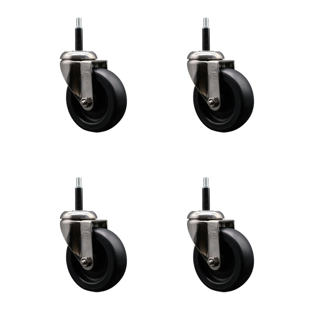 Polyolefin Swivel Stem Caster Wheels Set of 4 with 4 Inch Black Wheels - 3/4" Expanding Stems - 316 Stainless Steel Casters - Includes 4 Swivel Casters - Service Caster Brand — photo 1