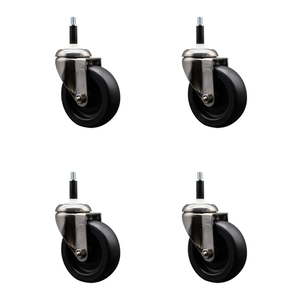 Polyolefin Swivel Stem Caster Wheels Set of 4 with 4 Inch Black Wheels - 7/8" Expanding Stems - 316 Stainless Steel Casters - Includes 4 Swivel Casters - Service Caster Brand — photo 1