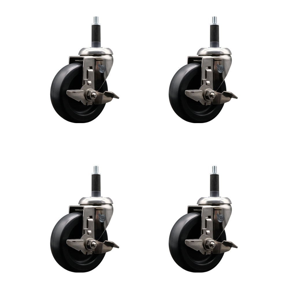Polyolefin Swivel Stem Caster Wheels Set of 4 with 4 Inch Black Wheels - 1" Expanding Stems - 316 Stainless Steel Casters - Includes 4 Swivel Casters with Top Lock Brakes - Service Caster Brand — photo 1