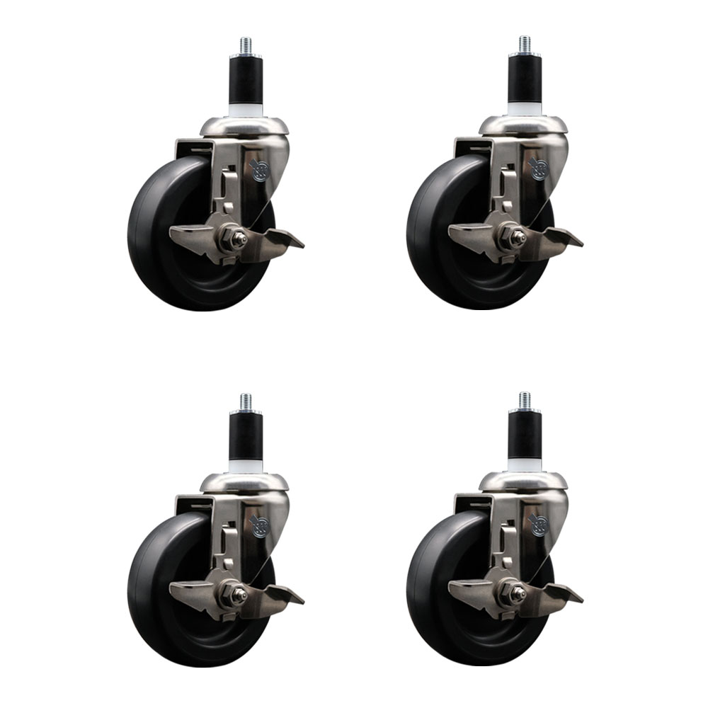 Polyolefin Swivel Stem Caster Wheels Set of 4 with 4 Inch Black Wheels - 1-1/2" Expanding Stems - 316 Stainless Steel Casters - Includes 4 Swivel Casters with Top Lock Brakes - Service Caster Brand — photo 1