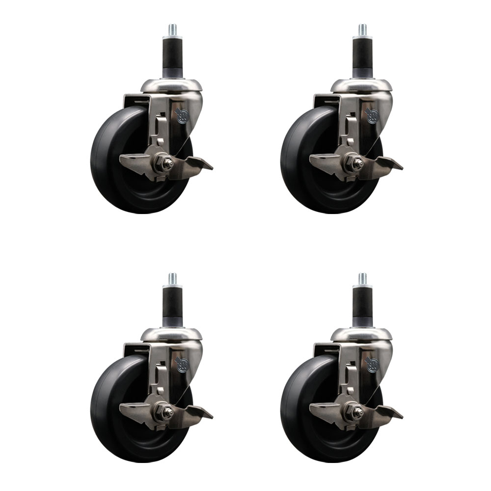 Polyolefin Swivel Stem Caster Wheels Set of 4 with 4 Inch Black Wheels - 1-1/4" Expanding Stems - 316 Stainless Steel Casters - Includes 4 Swivel Casters with Top Lock Brakes - Service Caster Brand — photo 1