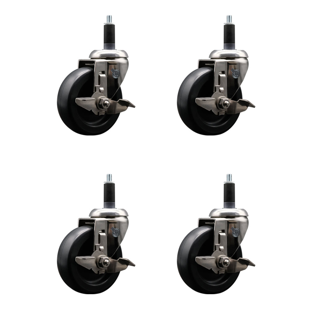 Polyolefin Swivel Stem Caster Wheels Set of 4 with 4 Inch Black Wheels - 1-1/8" Expanding Stems - 316 Stainless Steel Casters - Includes 4 Swivel Casters with Top Lock Brakes - Service Caster Brand — photo 1