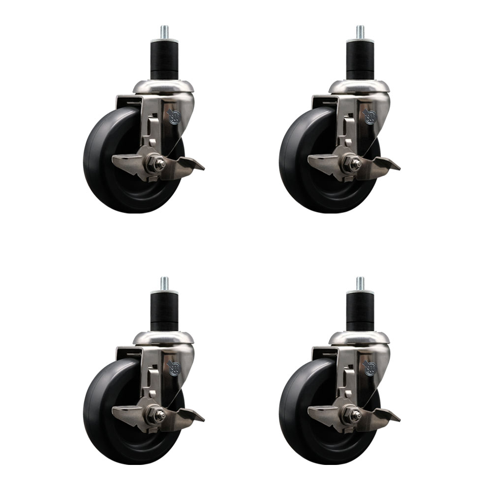 Polyolefin Swivel Stem Caster Wheels Set of 4 with 4 Inch Black Wheels - 1-3/4" Expanding Stems - 316 Stainless Steel Casters - Includes 4 Swivel Casters with Top Lock Brakes - Service Caster Brand — photo 1
