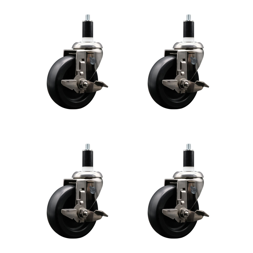 Polyolefin Swivel Stem Caster Wheels Set of 4 with 4 Inch Black Wheels - 1-3/8" Expanding Stems - 316 Stainless Steel Casters - Includes 4 Swivel Casters with Top Lock Brakes - Service Caster Brand — photo 1