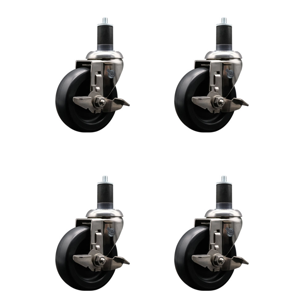 Polyolefin Swivel Stem Caster Wheels Set of 4 with 4 Inch Black Wheels - 1-5/8" Expanding Stems - 316 Stainless Steel Casters - Includes 4 Swivel Casters with Top Lock Brakes - Service Caster Brand — photo 1
