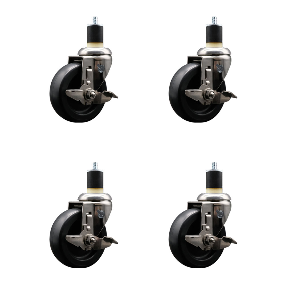 Polyolefin Swivel Stem Caster Wheels Set of 4 with 4 Inch Black Wheels - 1-7/8" Expanding Stems - 316 Stainless Steel Casters - Includes 4 Swivel Casters with Top Lock Brakes - Service Caster Brand — photo 1