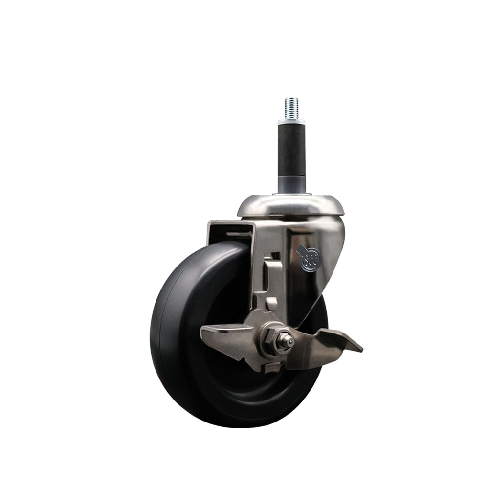 Polyolefin Swivel Stem Caster Wheel with 4 Inch Black Wheel and Top Lock Brake - 1" Expanding Stem - 316 Stainless Steel Caster - 350 lbs. Capacity Per Caster - Service Caster Brand — photo 1