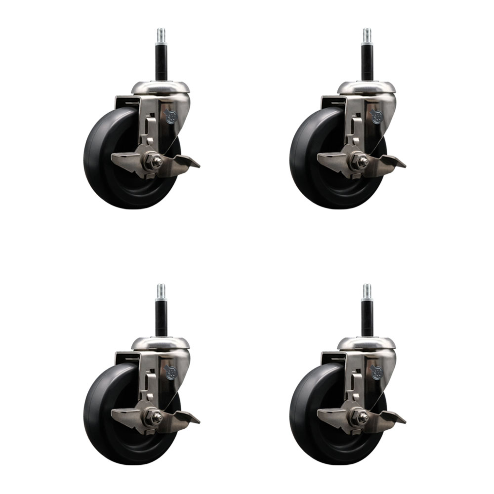 Polyolefin Swivel Stem Caster Wheels Set of 4 with 4 Inch Black Wheels - 3/4" Expanding Stems - 316 Stainless Steel Casters - Includes 4 Swivel Casters with Top Lock Brakes - Service Caster Brand — photo 1
