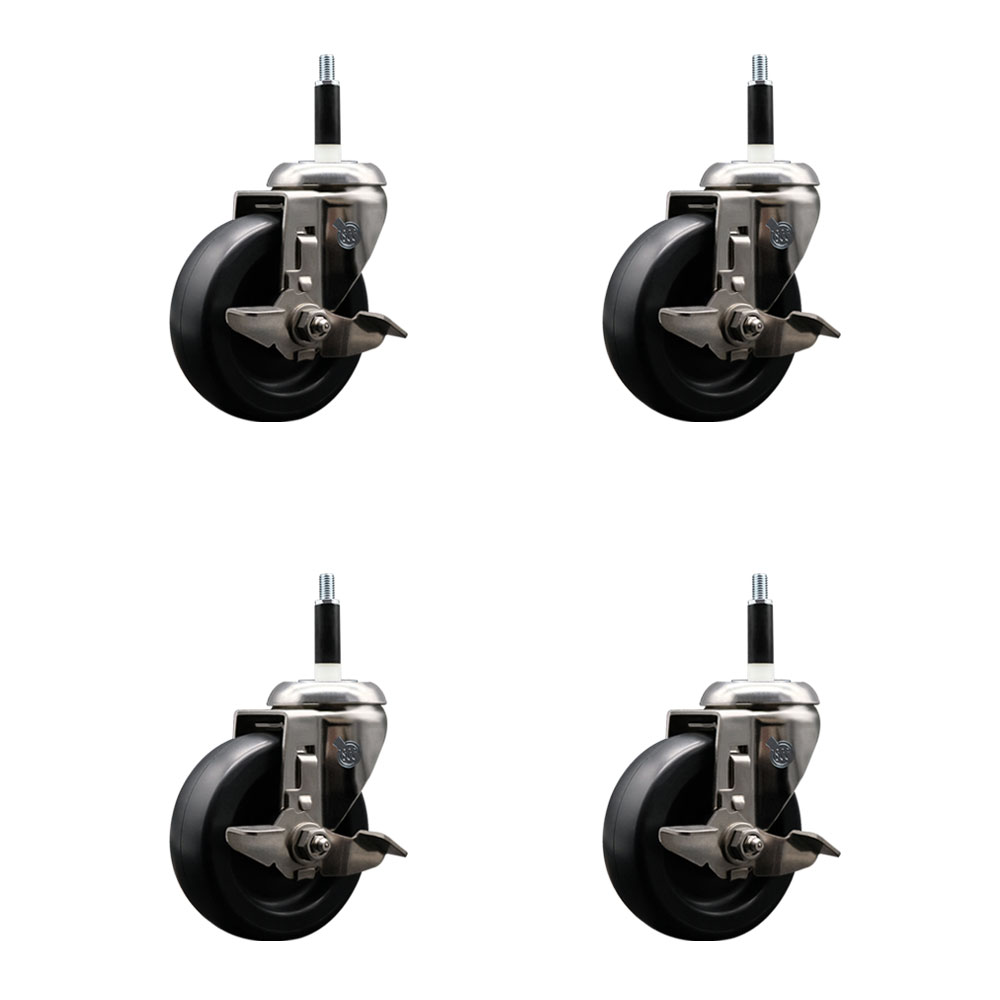 Polyolefin Swivel Stem Caster Wheels Set of 4 with 4 Inch Black Wheels - 7/8" Expanding Stems - 316 Stainless Steel Casters - Includes 4 Swivel Casters with Top Lock Brakes - Service Caster Brand — photo 1