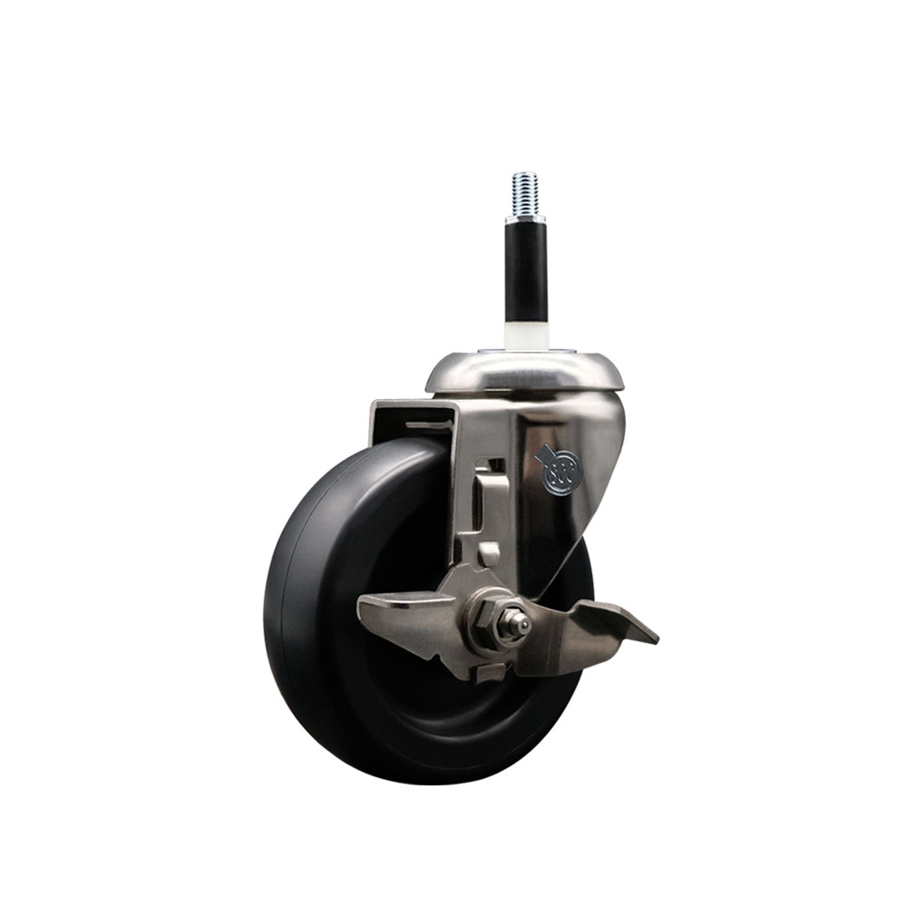 Polyolefin Swivel Stem Caster Wheel with 4 Inch Black Wheel and Top Lock Brake - 7/8" Expanding Stem - 316 Stainless Steel Caster - 350 lbs. Capacity Per Caster - Service Caster Brand — photo 1