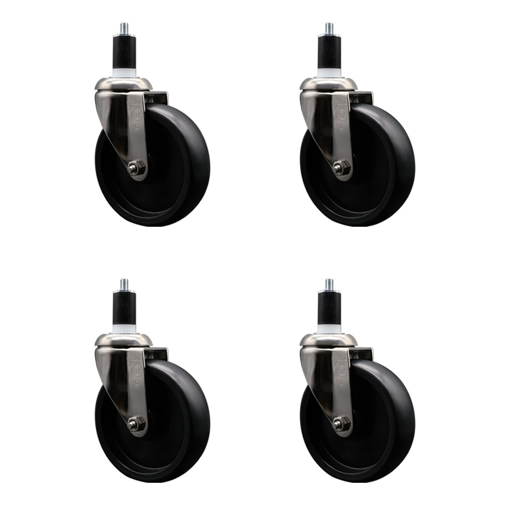 Polyolefin Swivel Stem Caster Wheels Set of 4 with 5 Inch Black Wheels - 1-1/2" Expanding Stems - 316 Stainless Steel Casters - Includes 4 Swivel Casters - Service Caster Brand — photo 1