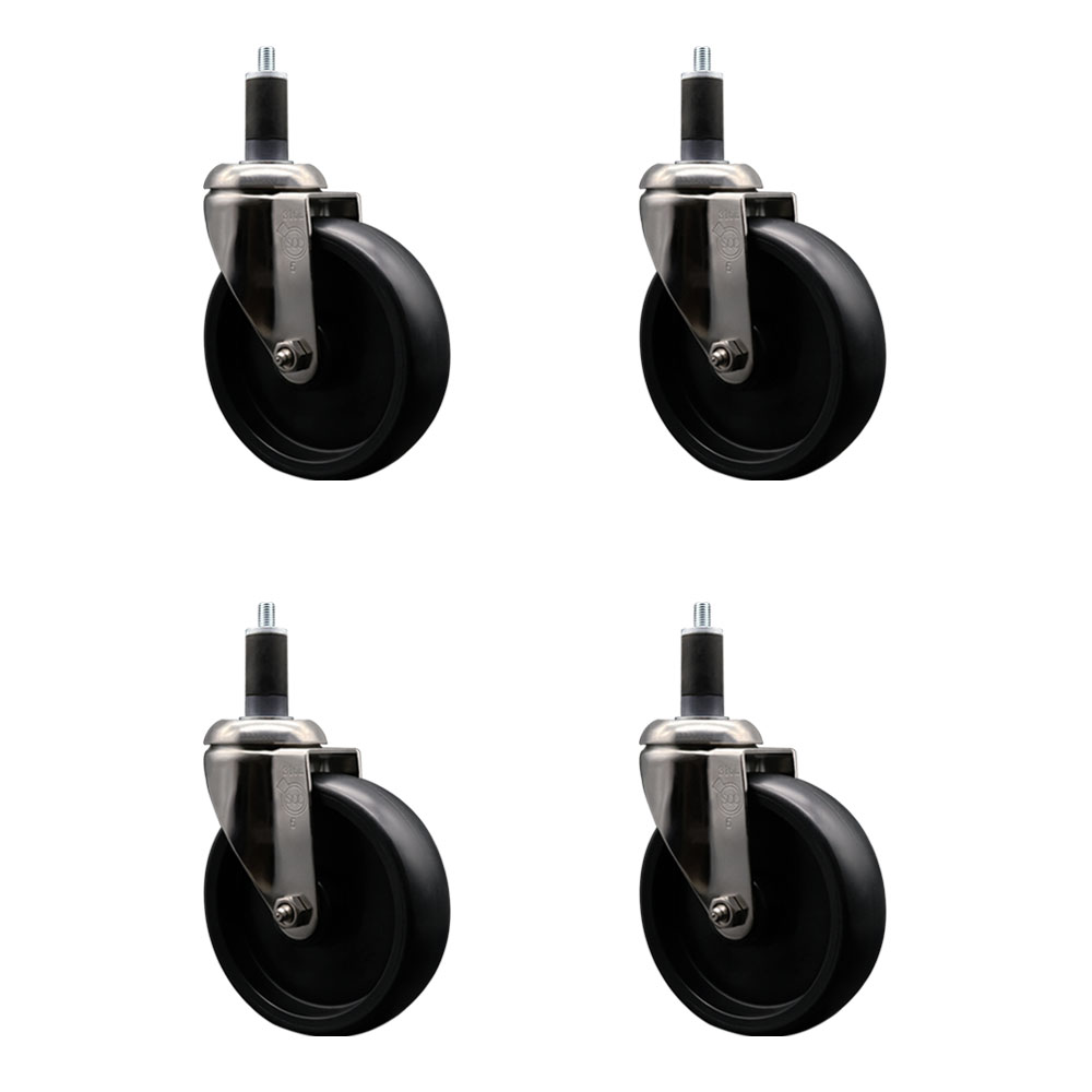 Polyolefin Swivel Stem Caster Wheels Set of 4 with 5 Inch Black Wheels - 1-1/4" Expanding Stems - 316 Stainless Steel Casters - Includes 4 Swivel Casters - Service Caster Brand — photo 1