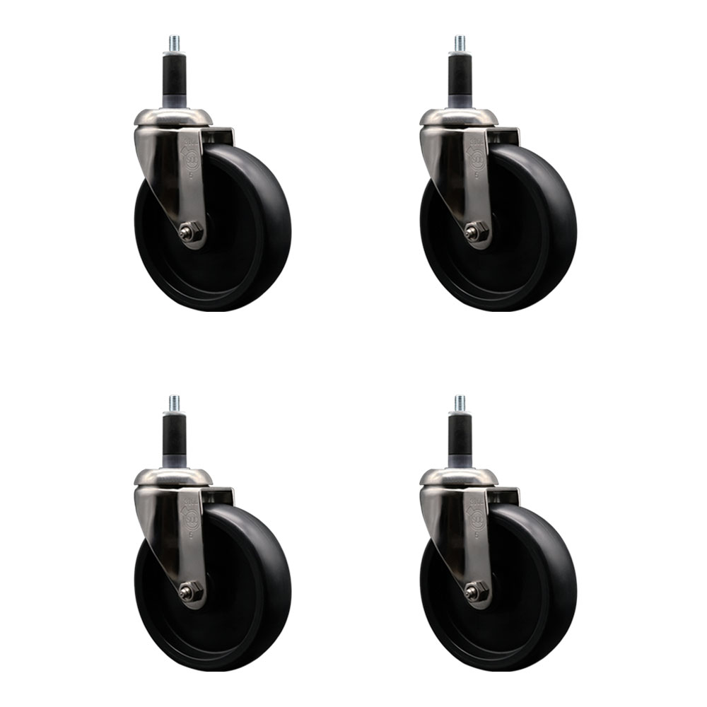 Polyolefin Swivel Stem Caster Wheels Set of 4 with 5 Inch Black Wheels - 1-1/8" Expanding Stems - 316 Stainless Steel Casters - Includes 4 Swivel Casters - Service Caster Brand — photo 1
