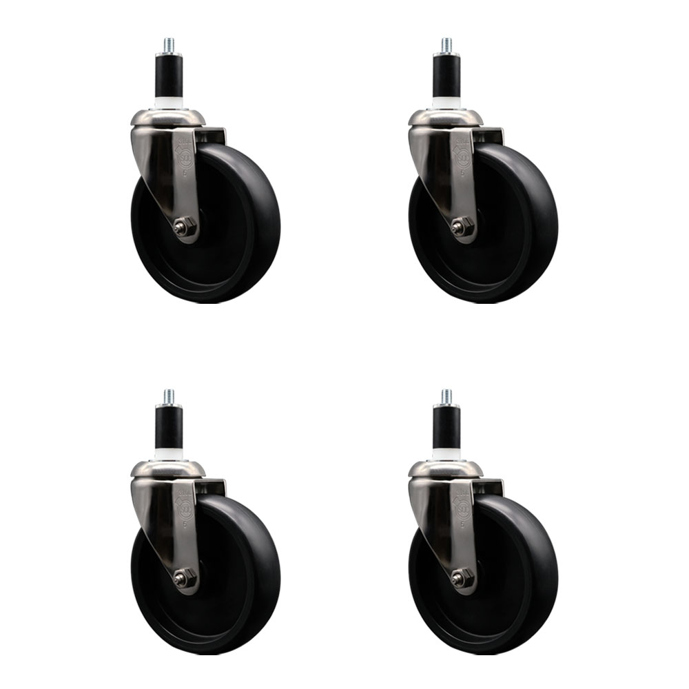 Polyolefin Swivel Stem Caster Wheels Set of 4 with 5 Inch Black Wheels - 1-3/8" Expanding Stems - 316 Stainless Steel Casters - Includes 4 Swivel Casters - Service Caster Brand — photo 1