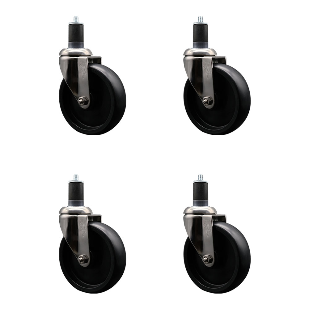 Polyolefin Swivel Stem Caster Wheels Set of 4 with 5 Inch Black Wheels - 1-5/8" Expanding Stems - 316 Stainless Steel Casters - Includes 4 Swivel Casters - Service Caster Brand — photo 1