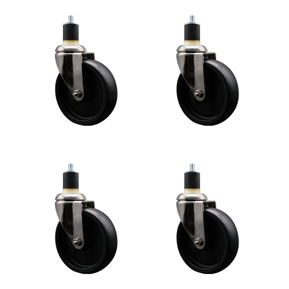 Polyolefin Swivel Stem Caster Wheels Set of 4 with 5 Inch Black Wheels - 1-7/8" Expanding Stems - 316 Stainless Steel Casters - Includes 4 Swivel Casters - Service Caster Brand — photo 1