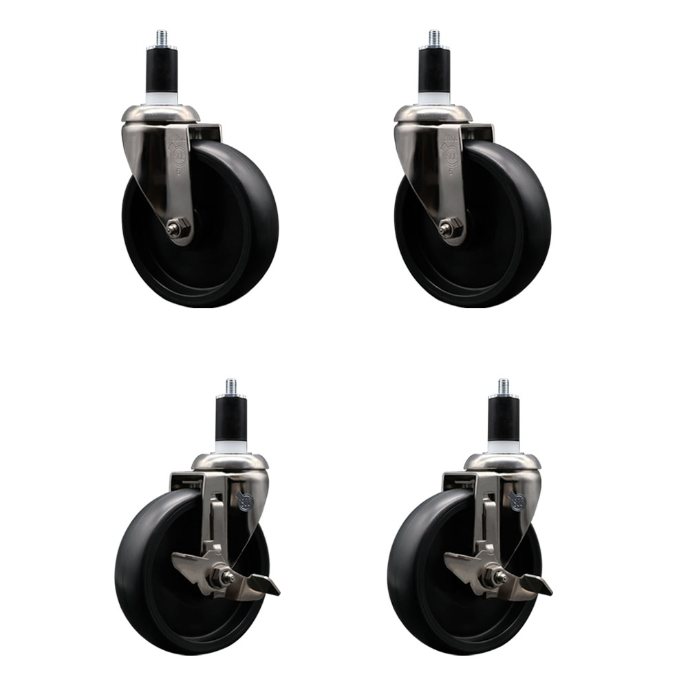 Polyolefin Swivel Stem Caster Wheels Set of 4 with 5 Inch Black Wheels - 1-1/2" Expanding Stems - 316 Stainless Steel Casters-Includes 2 Swivel with Top Lock Brakes and 2 Swivel - Service Caster Brand — photo 1
