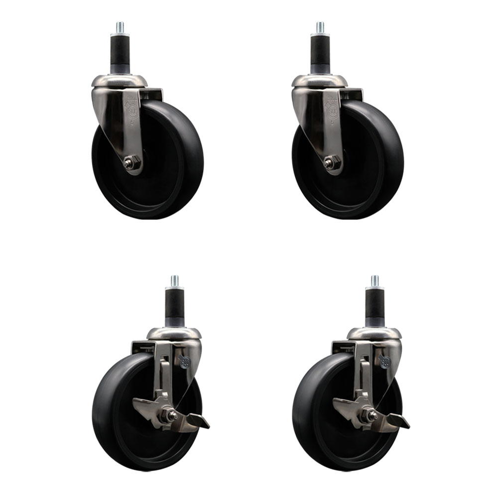 Polyolefin Swivel Stem Caster Wheels Set of 4 with 5 Inch Black Wheels - 1-1/4" Expanding Stems - 316 Stainless Steel Casters-Includes 2 Swivel with Top Lock Brakes and 2 Swivel - Service Caster Brand — photo 1