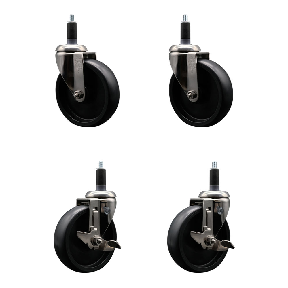 Polyolefin Swivel Stem Caster Wheels Set of 4 with 5 Inch Black Wheels - 1-1/8" Expanding Stems - 316 Stainless Steel Casters-Includes 2 Swivel with Top Lock Brakes and 2 Swivel - Service Caster Brand — photo 1