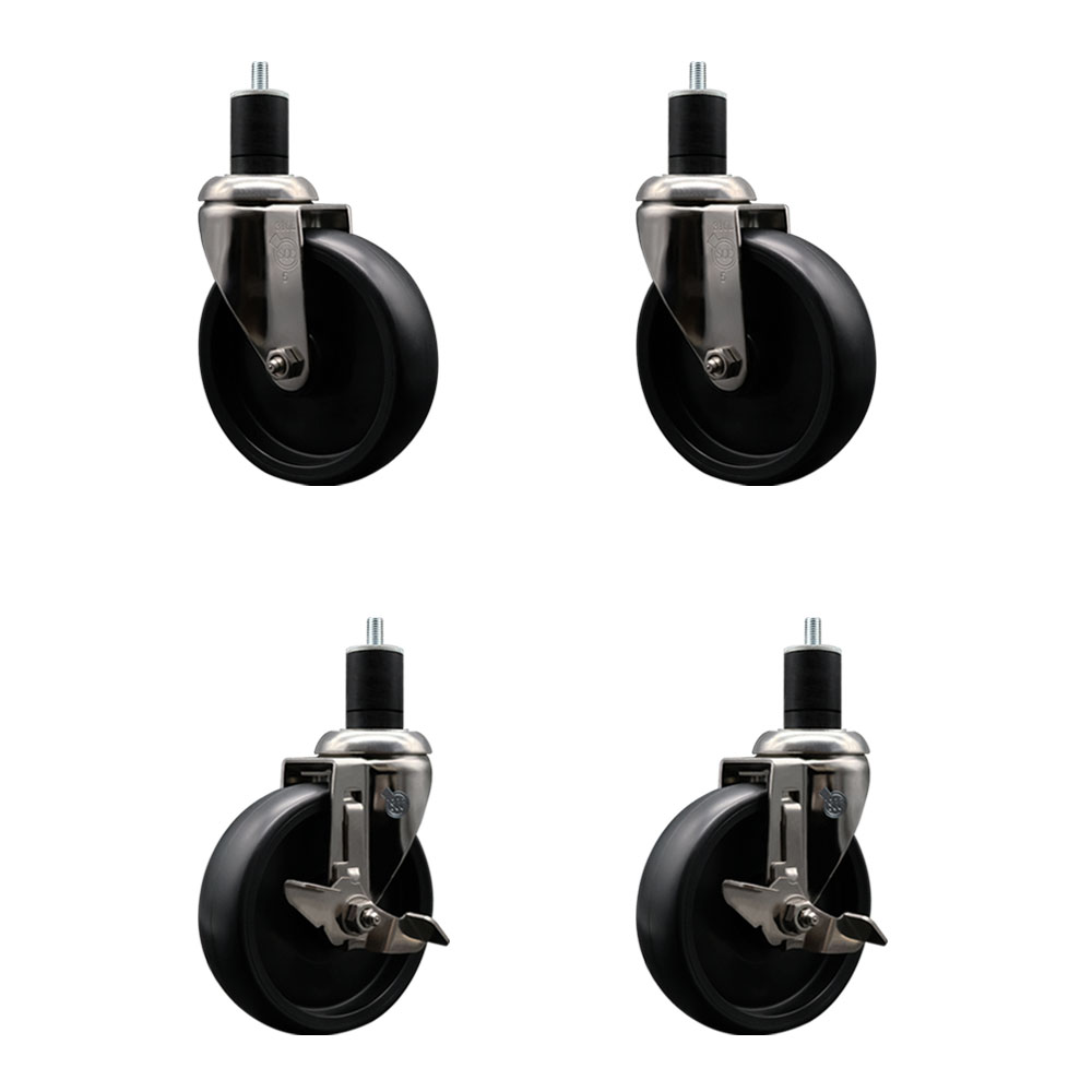 Polyolefin Swivel Stem Caster Wheels Set of 4 with 5 Inch Black Wheels - 1-3/4" Expanding Stems - 316 Stainless Steel Casters-Includes 2 Swivel with Top Lock Brakes and 2 Swivel - Service Caster Brand — photo 1