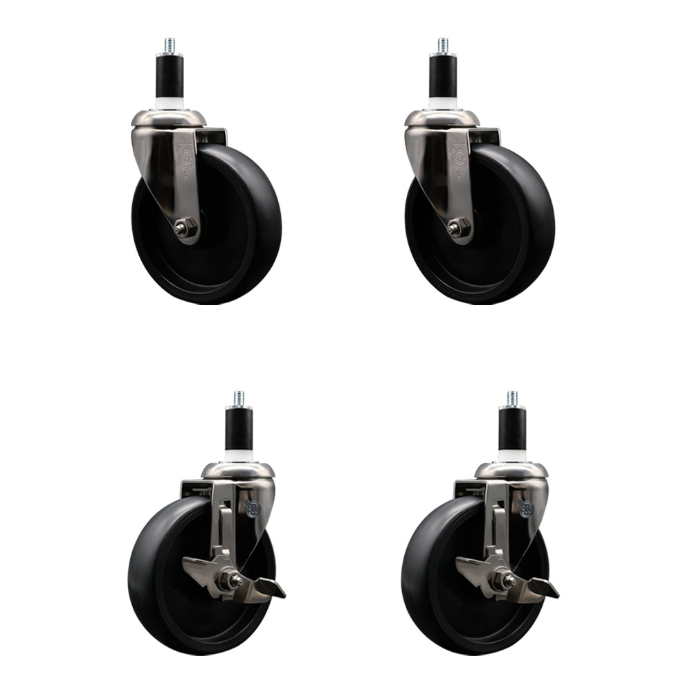 Polyolefin Swivel Stem Caster Wheels Set of 4 with 5 Inch Black Wheels - 1-3/8" Expanding Stems - 316 Stainless Steel Casters-Includes 2 Swivel with Top Lock Brakes and 2 Swivel - Service Caster Brand — photo 1