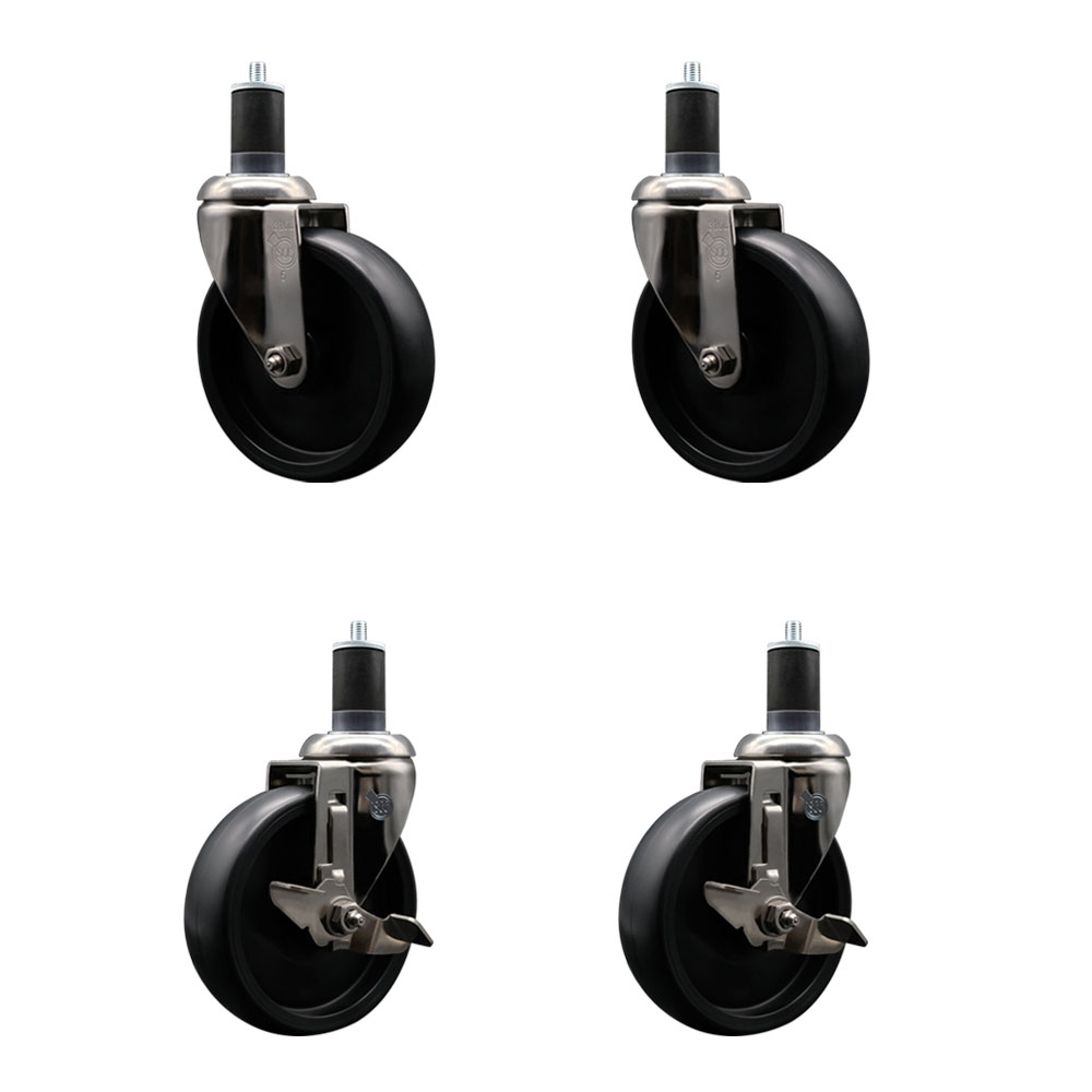 Polyolefin Swivel Stem Caster Wheels Set of 4 with 5 Inch Black Wheels - 1-5/8" Expanding Stems - 316 Stainless Steel Casters-Includes 2 Swivel with Top Lock Brakes and 2 Swivel - Service Caster Brand — photo 1