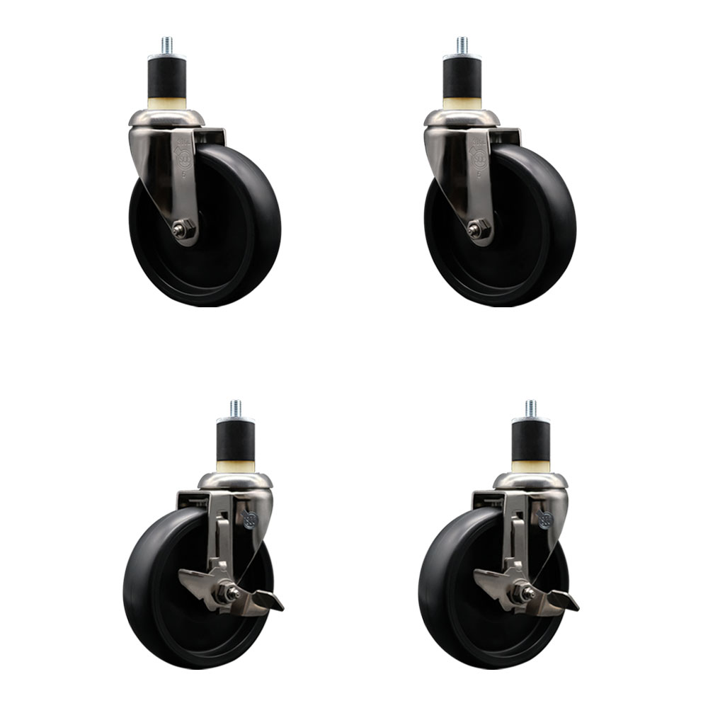 Polyolefin Swivel Stem Caster Wheels Set of 4 with 5 Inch Black Wheels - 1-7/8" Expanding Stems - 316 Stainless Steel Casters-Includes 2 Swivel with Top Lock Brakes and 2 Swivel - Service Caster Brand — photo 1