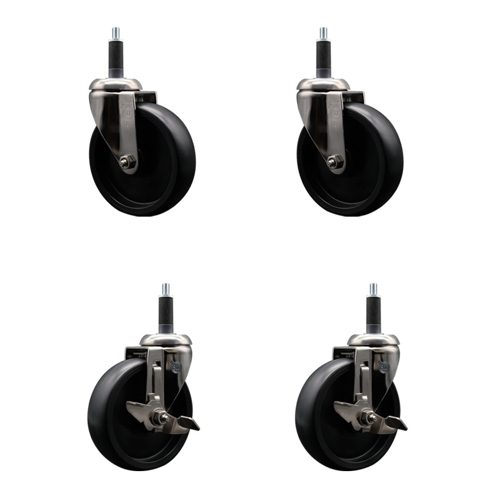 Polyolefin Swivel Stem Caster Wheels Set of 4 with 5 Inch Black Wheels - 1" Expanding Stems - 316 Stainless Steel Casters-Includes 2 Swivel with Top Lock Brakes and 2 Swivel - Service Caster Brand — photo 1