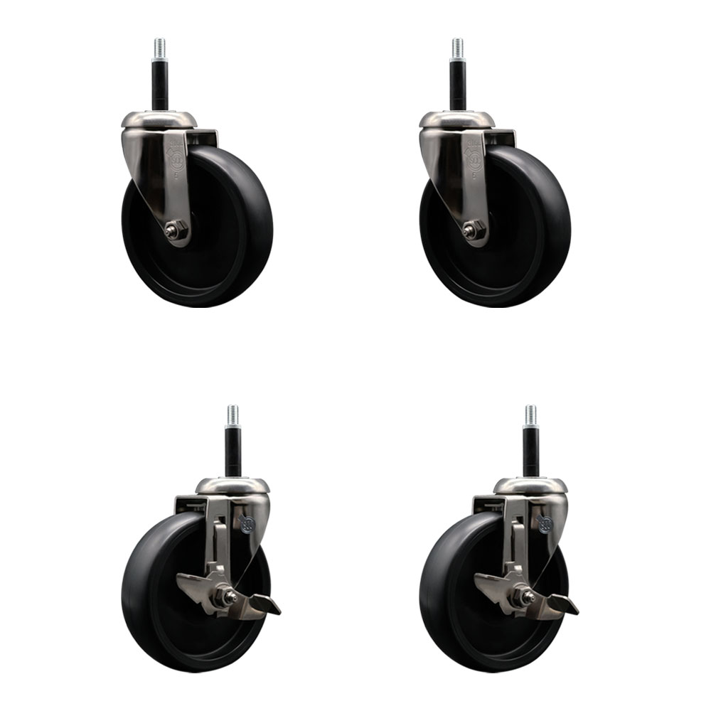 Polyolefin Swivel Stem Caster Wheels Set of 4 with 5 Inch Black Wheels - 3/4" Expanding Stems - 316 Stainless Steel Casters-Includes 2 Swivel with Top Lock Brakes and 2 Swivel - Service Caster Brand — photo 1