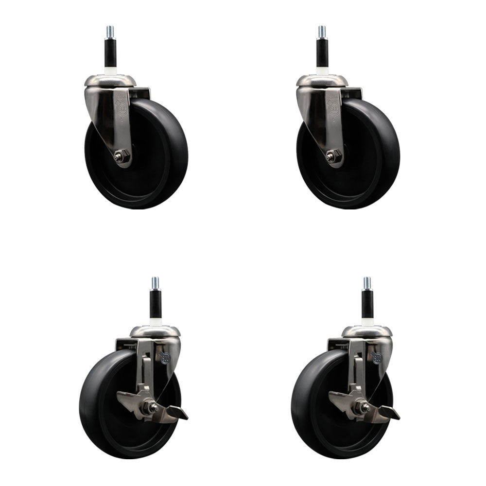 Polyolefin Swivel Stem Caster Wheels Set of 4 with 5 Inch Black Wheels - 7/8" Expanding Stems - 316 Stainless Steel Casters-Includes 2 Swivel with Top Lock Brakes and 2 Swivel - Service Caster Brand — photo 1