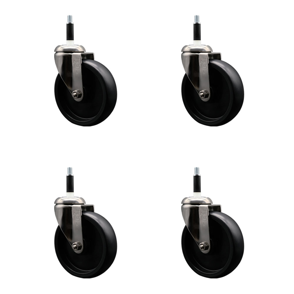 Polyolefin Swivel Stem Caster Wheels Set of 4 with 5 Inch Black Wheels - 7/8" Expanding Stems - 316 Stainless Steel Casters - Includes 4 Swivel Casters - Service Caster Brand — photo 1