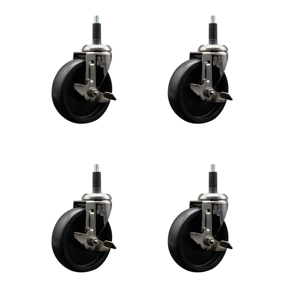 Polyolefin Swivel Stem Caster Wheels Set of 4 with 5 Inch Black Wheels - 1" Expanding Stems - 316 Stainless Steel Casters - Includes 4 Swivel Casters with Total Lock Brakes - Service Caster Brand — photo 1