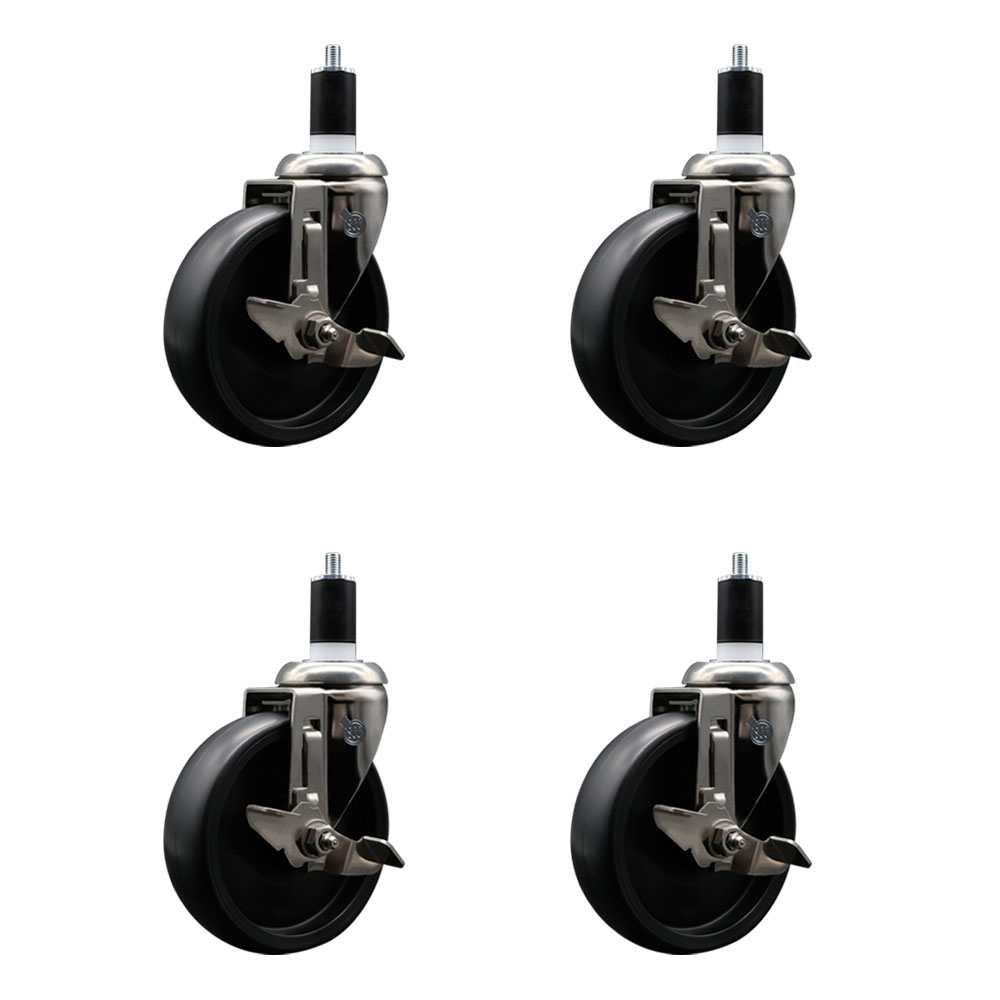 Polyolefin Swivel Stem Caster Wheels Set of 4 with 5 Inch Black Wheels - 1-1/2" Expanding Stems - 316 Stainless Steel Casters - Includes 4 Swivel Casters with Total Lock Brakes - Service Caster Brand — photo 1