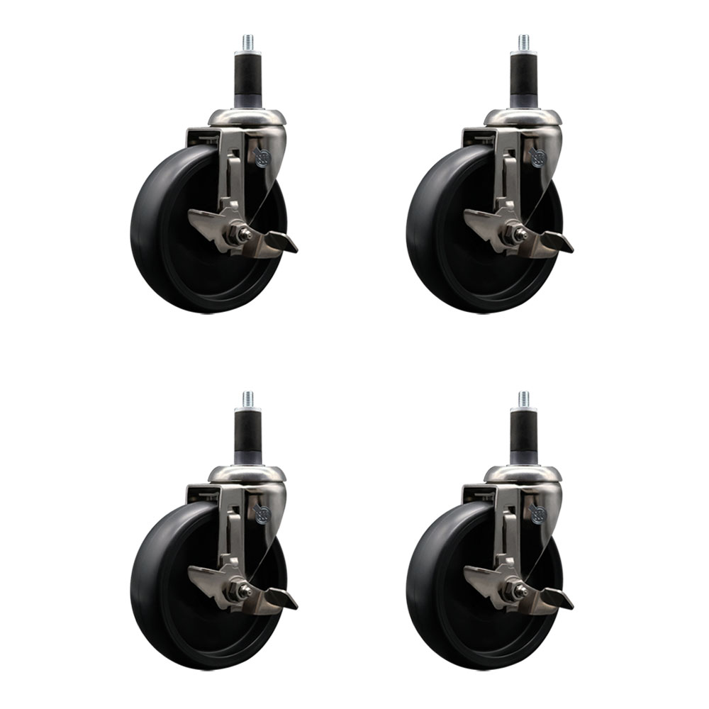 Polyolefin Swivel Stem Caster Wheels Set of 4 with 5 Inch Black Wheels - 1-1/4" Expanding Stems - 316 Stainless Steel Casters - Includes 4 Swivel Casters with Total Lock Brakes - Service Caster Brand — photo 1