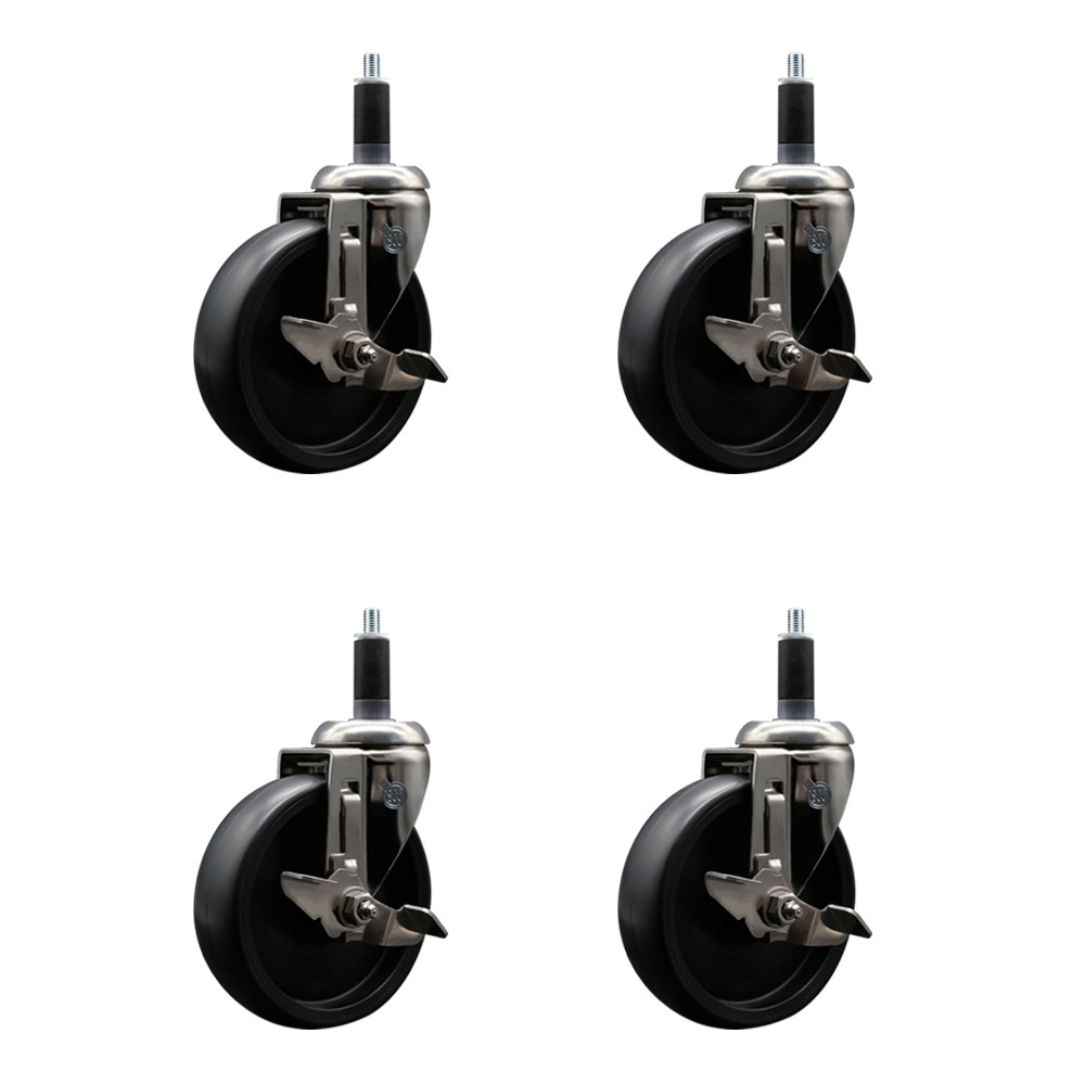 Polyolefin Swivel Stem Caster Wheels Set of 4 with 5 Inch Black Wheels - 1-1/8" Expanding Stems - 316 Stainless Steel Casters - Includes 4 Swivel Casters with Total Lock Brakes - Service Caster Brand — photo 1