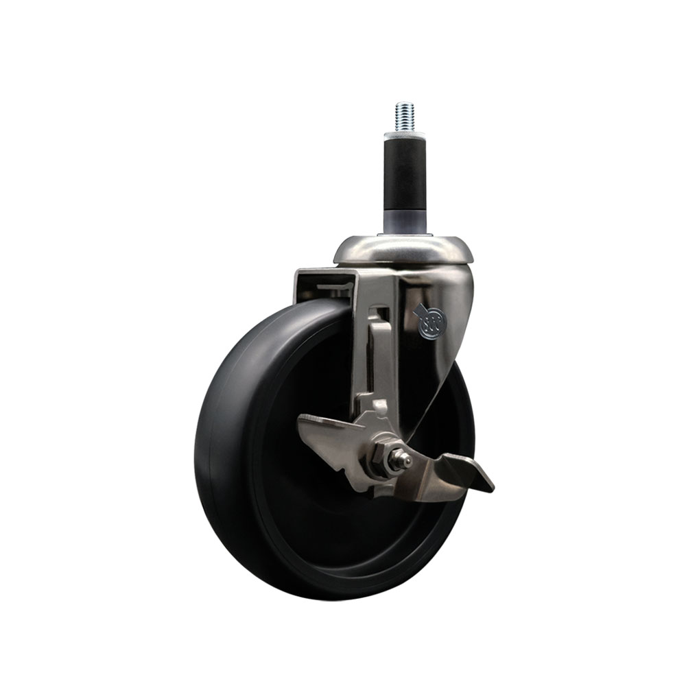 Polyolefin Swivel Stem Caster Wheel with 5 Inch Black Wheel and Top Lock Brake - 1-1/8" Expanding Stem - 316 Stainless Steel Caster - 350 lbs. Capacity Per Caster - Service Caster Brand — photo 1